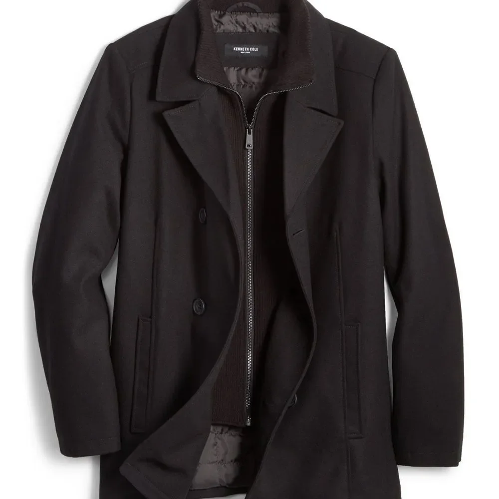 Kenneth Cole Men's Double Breasted Wool Blend Peacoat with Bib size L NWT in pkg